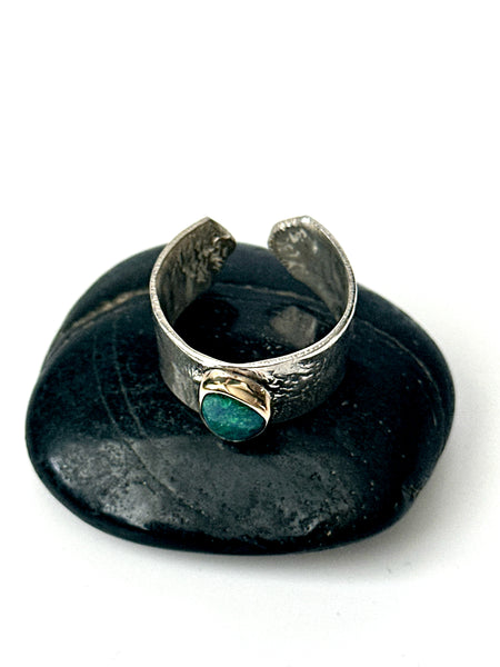 Solid Black Opal Textured Silver & 9 Carat Gold Ring
