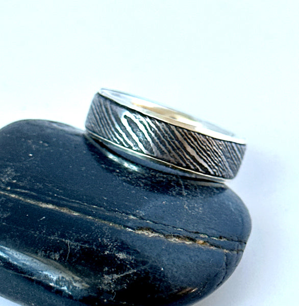 Silver Wrapped Damascus Steel Unisex Ring Band