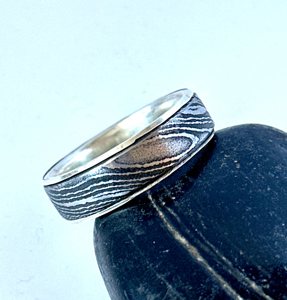 Silver Wrapped Damascus Steel Unisex Ring Band