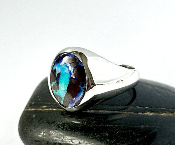Boulder Opal Unisex Sterling Silver Signet Ring