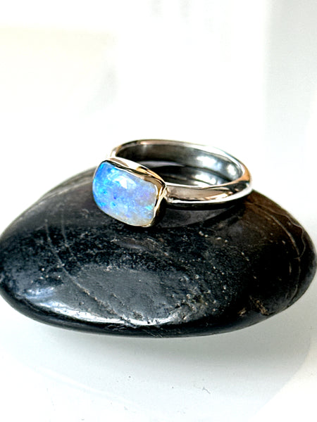 Solid Mintabie Opal 9 carat Gold & Silver Ring