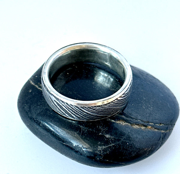 Silver Wrapped Damascus Steel Unisex Ring Band
