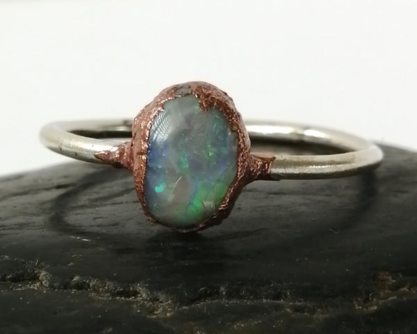 Solid Opal Copper and Silver Ring - Glitter and Gem Jewellery