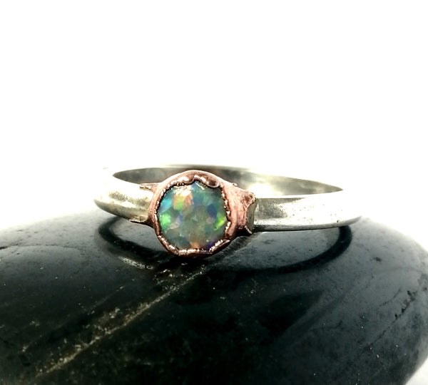 Solid Opal Copper & Silver Ring - Glitter and Gem Jewellery