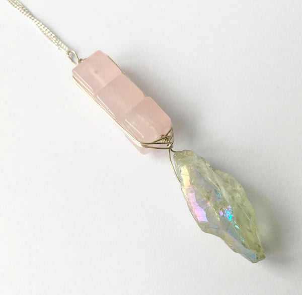 Rose Quartz Cubes & Aura Quartz Sterling Silver Pendant Necklace - Glitter and Gem Jewellery
