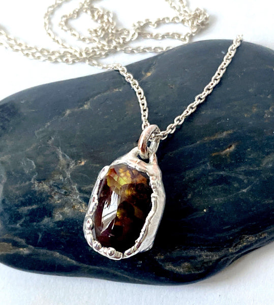 Deer Creek Fire Agate Silver Formed Pendant Necklace - Glitter and Gem Jewellery