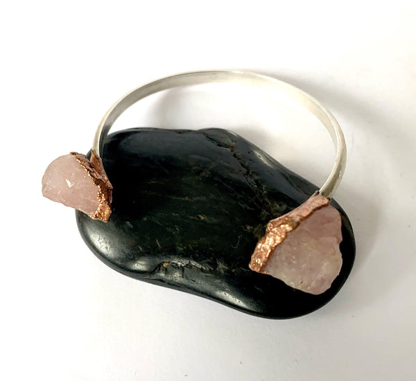 Rose Quartz Sterling Silver & Copper Formed Cuff Bangle - Glitter and Gem Jewellery