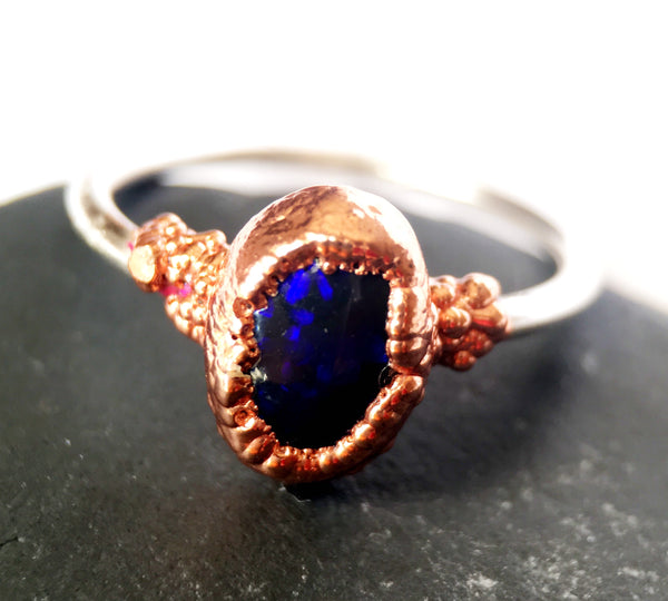 Solid Black Opal Copper & Sterling Silver Ring - Glitter and Gem Jewellery