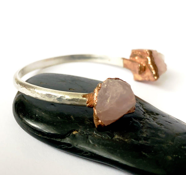 Rose Quartz Sterling Silver & Copper Formed Cuff Bangle - Glitter and Gem Jewellery
