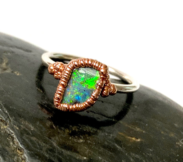 Solid Opal Copper and Silver Ring - Glitter and Gem Jewellery
