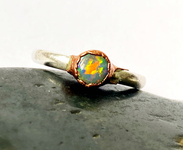 Solid Opal Copper & Silver Ring - Glitter and Gem Jewellery
