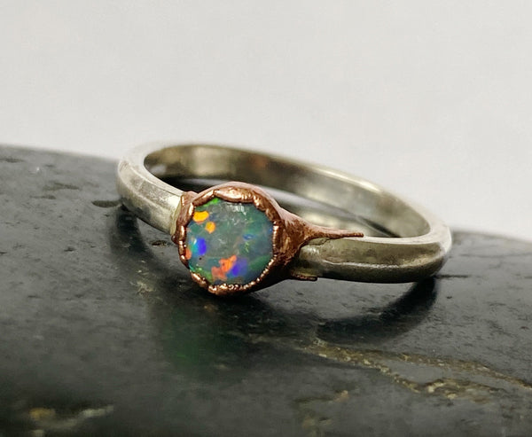 Solid Opal Copper & Silver Ring - Glitter and Gem Jewellery