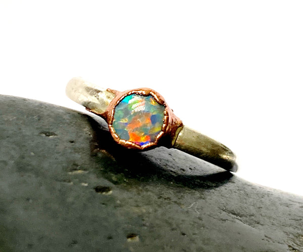 Solid Opal Copper & Silver Ring - Glitter and Gem Jewellery