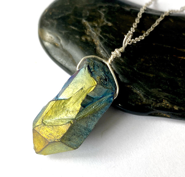 Titanium Rock Crystal Quartz Silver Pendant Necklace - Glitter and Gem Jewellery