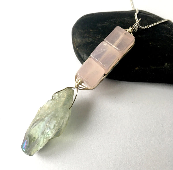 Rose Quartz Cubes & Aura Quartz Sterling Silver Pendant Necklace - Glitter and Gem Jewellery