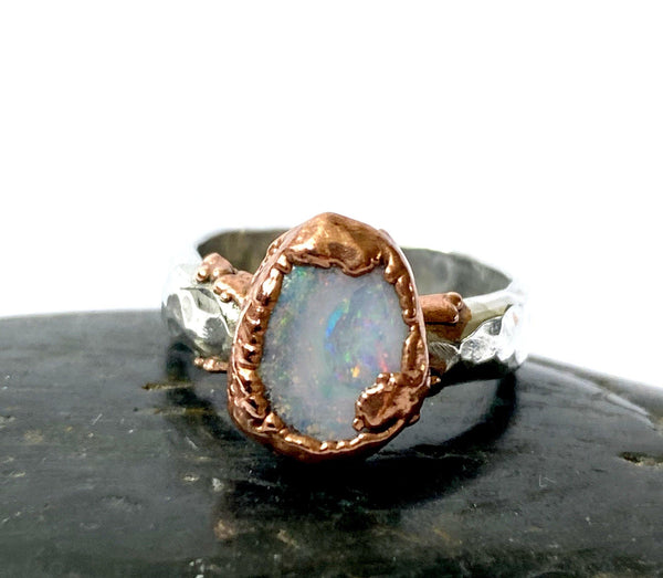 Boulder Opal Copper & Silver Formed Textured Ring - Glitter and Gem Jewellery