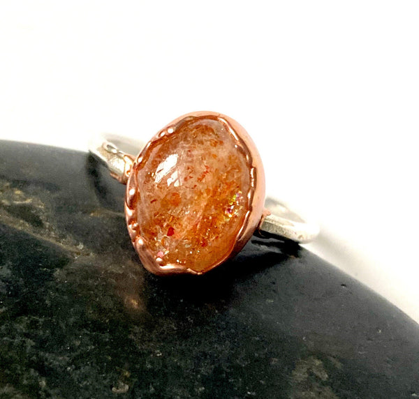 Sunstone Copper Formed & Sterling Silver Ring - Glitter and Gem Jewellery