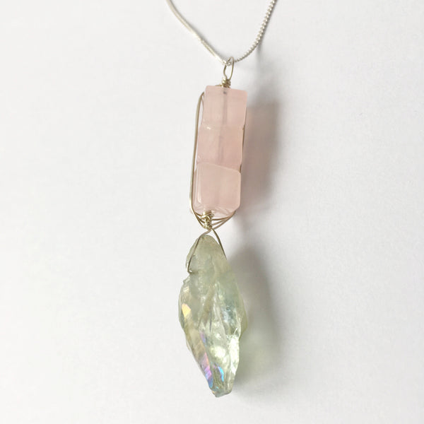Rose Quartz Cubes & Aura Quartz Sterling Silver Pendant Necklace - Glitter and Gem Jewellery