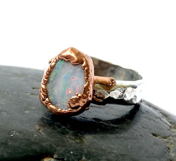 Boulder Opal Copper & Silver Formed Textured Ring - Glitter and Gem Jewellery