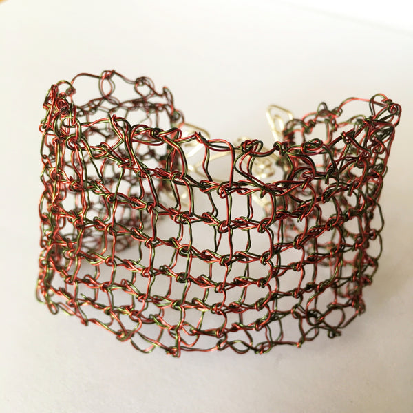 Hand Woven Burgundy & Green Wire Bracelet - Glitter and Gem Jewellery