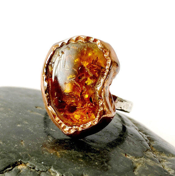 Fantastic Amber Copper & Silver Ring, size K, US Ring Size 5 1/2 - Glitter and Gem Jewellery