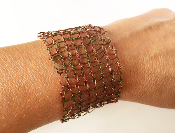 Hand Woven Burgundy & Green Wire Bracelet - Glitter and Gem Jewellery