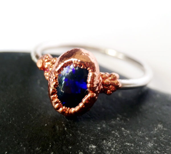 Solid Black Opal Copper & Sterling Silver Ring - Glitter and Gem Jewellery