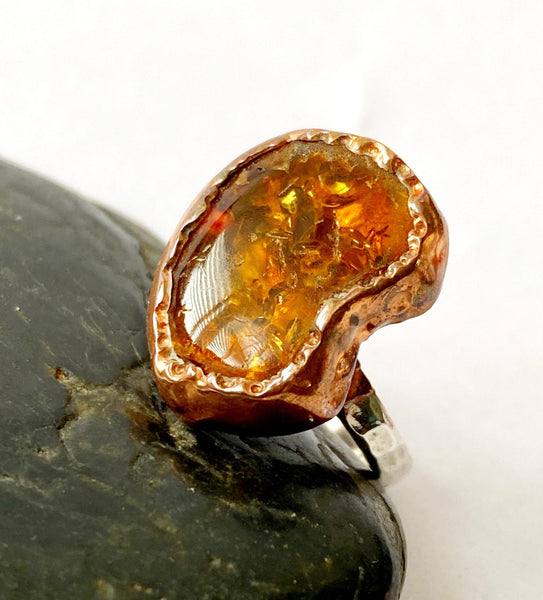 Fantastic Amber Copper & Silver Ring, size K, US Ring Size 5 1/2 - Glitter and Gem Jewellery