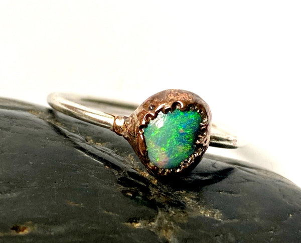 Solid Lightning Ridge Opal Silver & Copper Ring - Glitter and Gem Jewellery