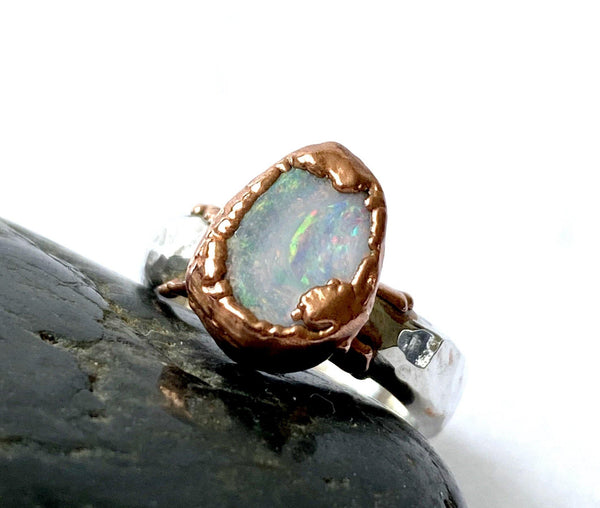 Boulder Opal Copper & Silver Formed Textured Ring - Glitter and Gem Jewellery