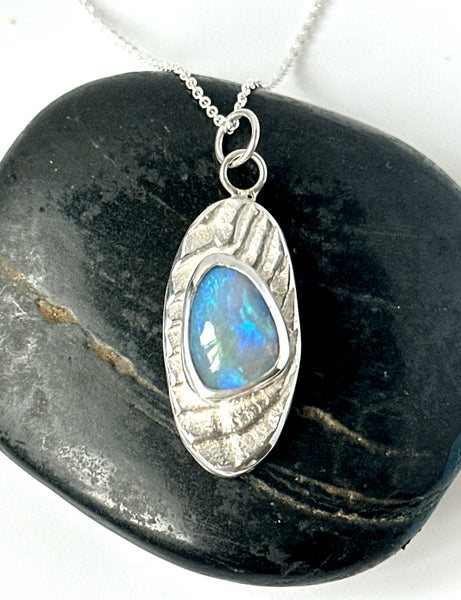 Lightning Ridge Opal Sterling Silver Cuttlefish Cast Pendant Necklace