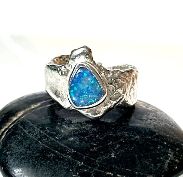 Solid Lightning Ridge Opal Sterling Silver Textured Ring