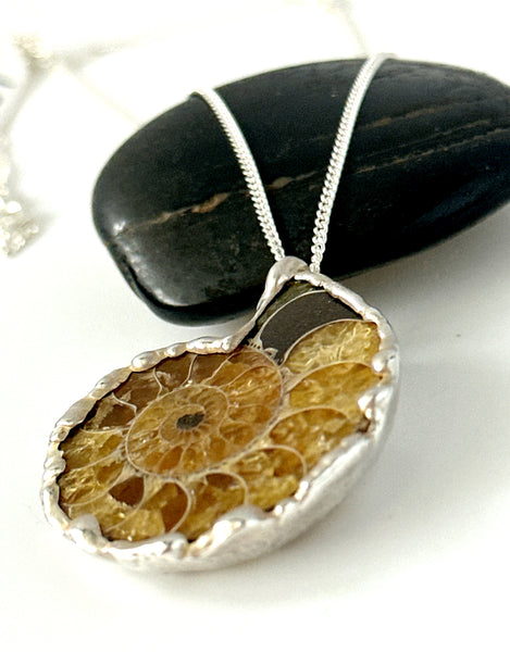 Ammonite & Fossil Silver Pendant Necklace