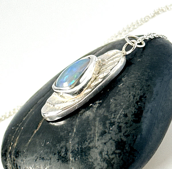 Lightning Ridge Opal Sterling Silver Cuttlefish Cast Pendant Necklace