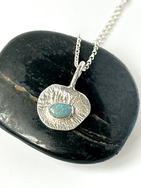 Lightning Ridge Opal Sterling Silver Textured Pendant Necklace
