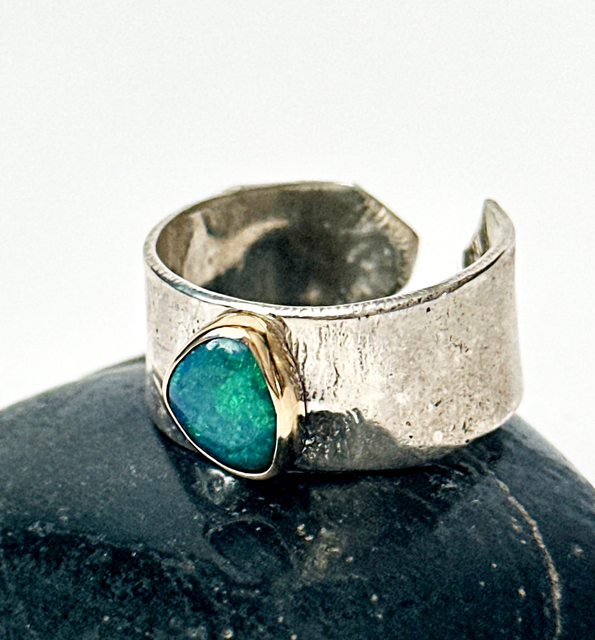 Solid Black Opal Textured Silver & 9 Carat Gold Ring