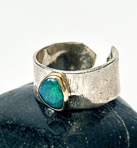 Solid Black Opal Textured Silver & 9 Carat Gold Ring