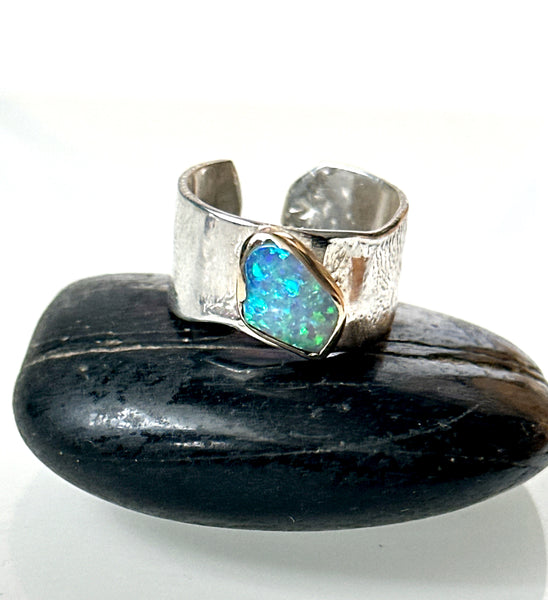 Solid Lightning Ridge Opal 9 Carat Gold & Sterling Silver Ring