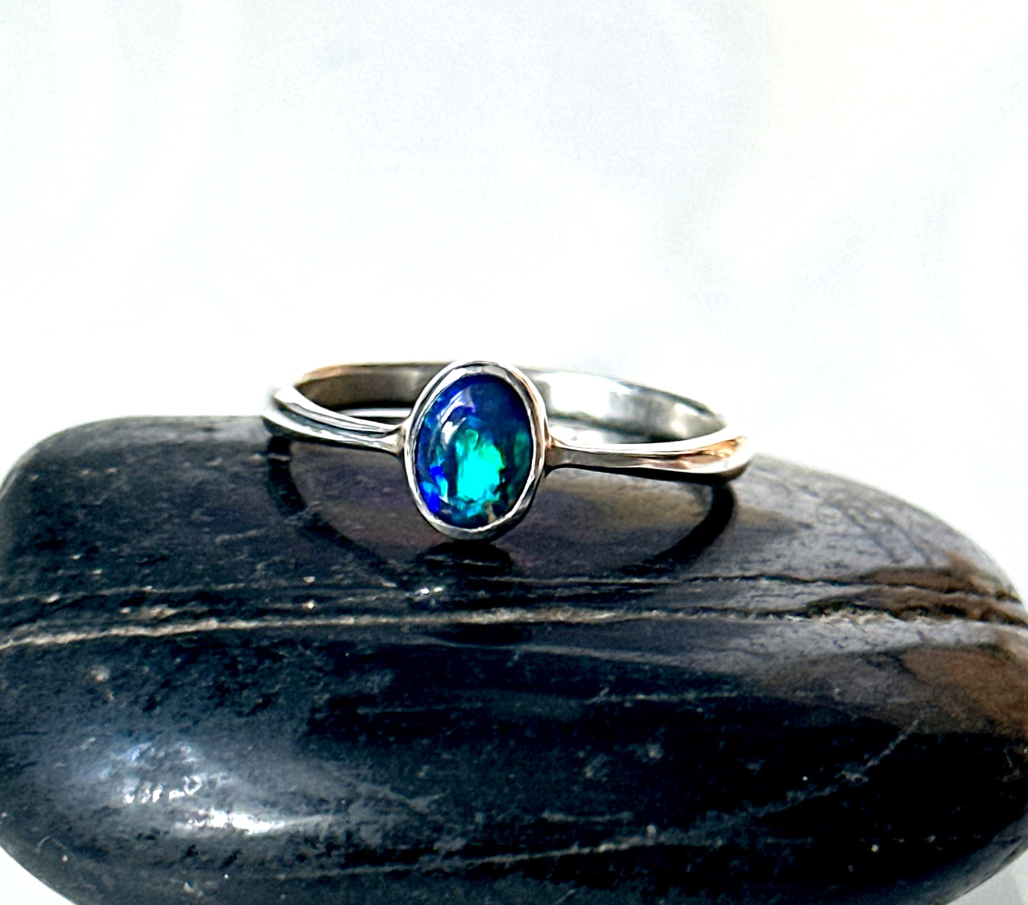 Solid Black Lightning Ridge Opal Sterling Silver Ring
