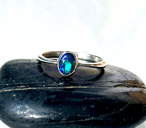 Solid Black Lightning Ridge Opal Sterling Silver Ring