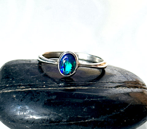 Solid Black Lightning Ridge Opal Sterling Silver Ring