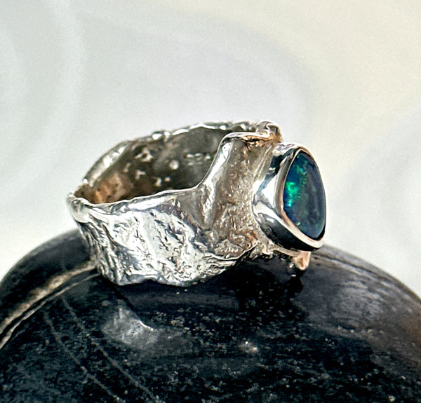 Solid Lightning Ridge Opal Sterling Silver Textured Ring