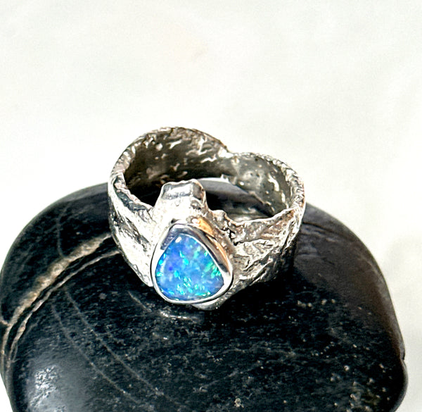Solid Lightning Ridge Opal Sterling Silver Textured Ring
