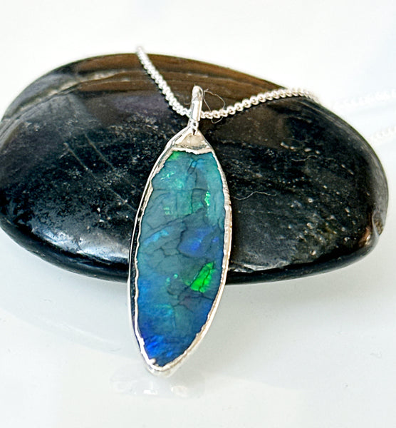 Solid Mintabie Crystal Opal Silver Pendant Necklace