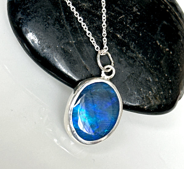 Solid Black Lightning Ridge Opal Sterling Silver Pendant Necklace