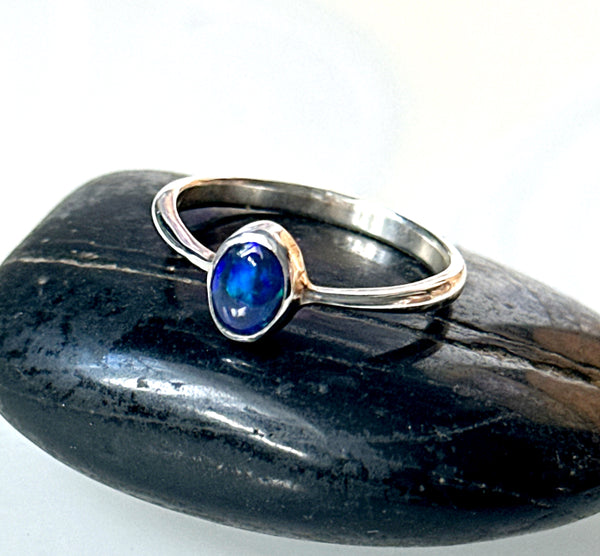 Solid Black Lightning Ridge Opal Sterling Silver Ring