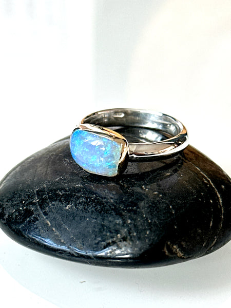 Solid Mintabie Opal 9 carat Gold & Silver Ring