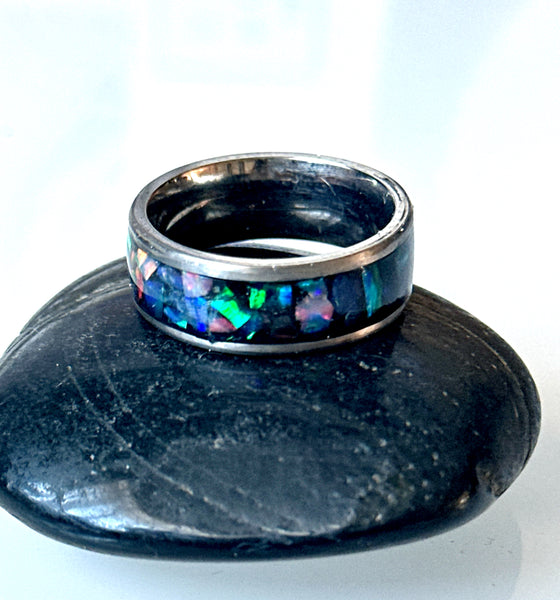 Opal Inlay Titanium Unisex Ring