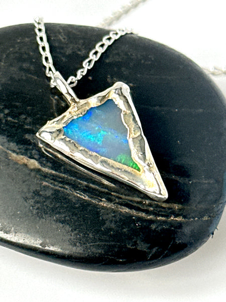 Solid Opal Silver Formed Textured Pendant Necklace