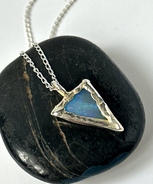 Solid Opal Silver Formed Textured Pendant Necklace